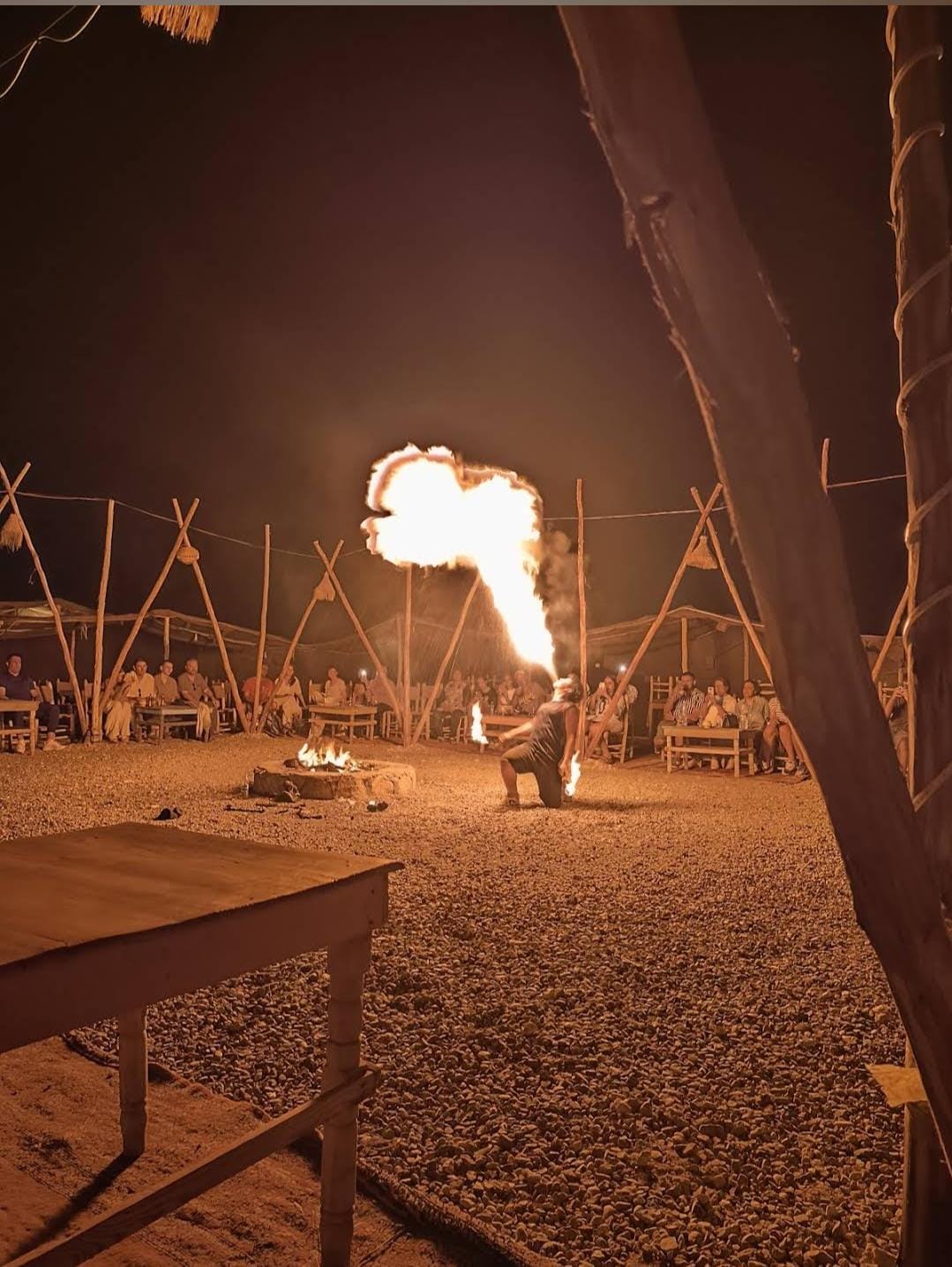Fire show and dinner camp in Agafay at night